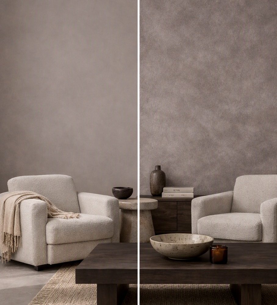 Two wall samples side by side, one in plain paint and one finished with the Texture Wash-Kit.